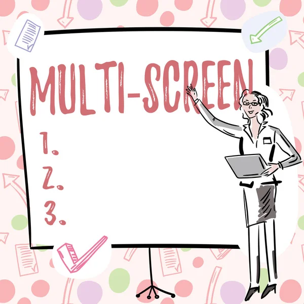 Text sign showing Multi Screen. Conceptual photo Having or involving several screen especially in a cinema Businesswoman Casual Standing Presenting Charts And New Wonderful Ideas. — Stockfoto