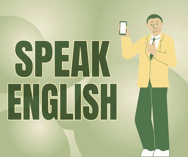 Εγγραφή εμφάνισης κειμένου Speak English. Επιχειρηματική ιδέα Μελέτη μια άλλη ξένη γλώσσα σε απευθείας σύνδεση λεκτικά μαθήματα Man Holding οθόνη του κινητού τηλεφώνου Εμφάνιση της φουτουριστικής τεχνολογίας. — Φωτογραφία Αρχείου