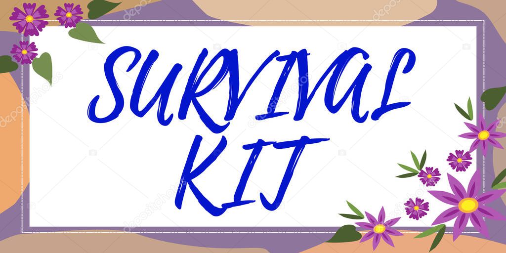 Text showing inspiration Survival Kit. Business approach Emergency Equipment Collection of items to help someone Blank Frame Decorated With Abstract Modernized Forms Flowers And Foliage.