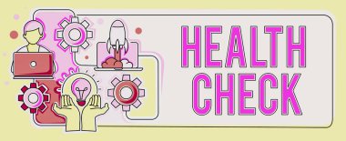 Sağlık kontrolünü gösteren bir mesaj. İş Konsepti Tıbbi Muayene Sağlığı ve Devlet Denetleme Elleri Lamba Roketi Yeni Fikir Girişimleri Sunar