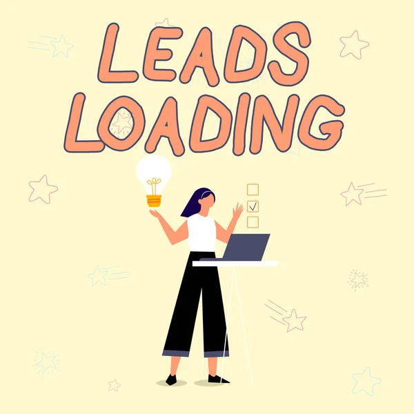 Handwriting text Leads Loading. Business overview Initiating customer regards with the generating process Illustration Of Girl Using Laptop Having Ideas And Making Checklist. —  Fotos de Stock