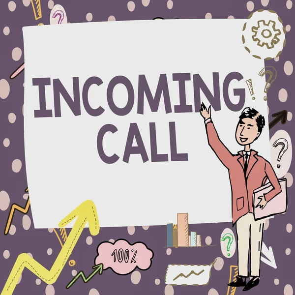 Text caption presenting Incoming Call. Word for Inbound Received Caller ID Telephone Voicemail Vidcall Gentleman Drawing Standing Pointing Finger In Blank Whiteboard. — Stock Photo, Image