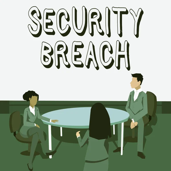 Text sign showing Security Breach. Internet Concept incident that results in unauthorized access of data Colleagues having meeting presenting project ideas achieving teamwork. — Stock Photo, Image