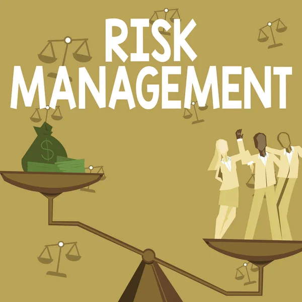 Text showing inspiration Risk Management. Business showcase evaluation of financial hazards or problems with procedures Colleagues achieving teamwork accomplishing successful financial gain. — Stok fotoğraf