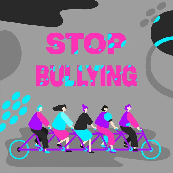 Tekst bijschrift presenteren Stop pesten. Concept betekent vechten en elimineren dit Agressieve Onaanvaardbaar Gedrag Collega 's Riding Bicycle Vertegenwoordigen Teamwork Succesvolle probleemoplossing. — Stockfoto