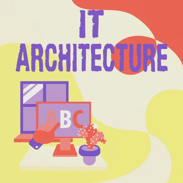 Konceptuální zobrazení It Architecture. Slovo pro architekturu je aplikováno na proces celkové struktury Ruční zobrazování písmen ukazujících na obrazovku webového prohlížeče s kaktusem na straně. — Stock fotografie