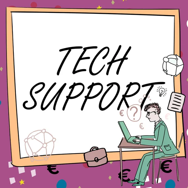 Hand writing sign Tech Support. Word for Assisting individuals who are having technical problems Man working on computer representing successful business strategy creation.