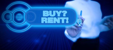 Buy Question Rent 'i gösteren imza, konsept demek ev kiralama hakkında bilgi veren takım elbiseli bayan kalem tutan başarılı takım çalışmalarını sembolize ediyor.