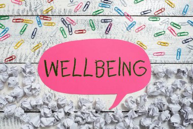 Writing displaying text Wellbeing, Concept meaning A good or satisfactory condition of existence including health -48232 clipart