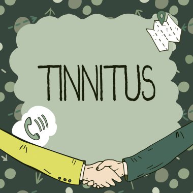 İşaret işareti Tinnitus, iş konsepti A zil ya da müzik ve kulaklarda benzer bir ses hissi gösteren ilham verici. İletişim sembolleriyle süslenmiş boş çerçeve iş toplantısını temsil ediyor.