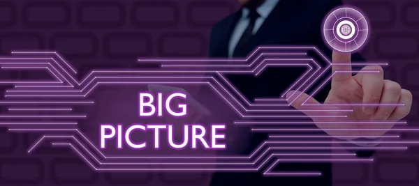 Text caption presenting Big Picture, Business concept most important facts about certain situation and its effects Businessman in suit holding tablet symbolizing successful teamwork.