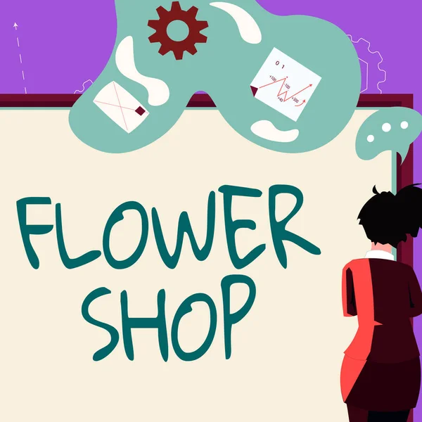 フラワーショップを表示する看板 ギフト用の装飾品で切り花が販売されているビジネスアイデアビジネス女性がビジネス提案やボード上の更新を提示 — ストック写真