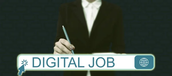 Conceptual display Digital Job, Word Written on get paid task done through internet and personal computer Businessman in suit holding tablet symbolizing successful teamwork.