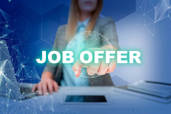 Концептуальная дисплей Работа Предложение, Интернет Концепция Перон или компания, которая дает возможность для своих является занятость Леди в костюме указывает пальцем представляет глобальное инновационное мышление.