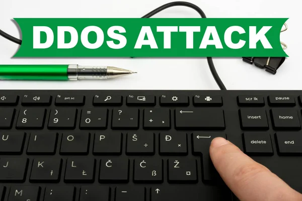 Handschrift Zeichen Ddos Attack Konzept Bedeutet Täter Versucht Netzwerk Ressource — Stockfoto
