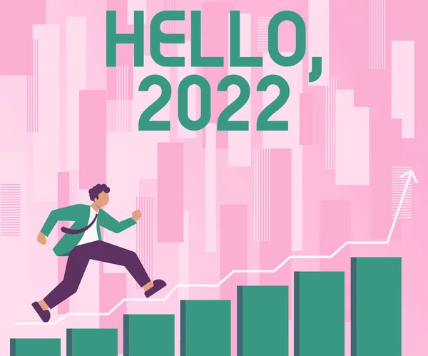 Conceptual caption Hello 2022, Business concept expression or gesture of greeting answering the telephone Gentleman In Suit Climbing Staris Running Forward Success Reaching Goals.