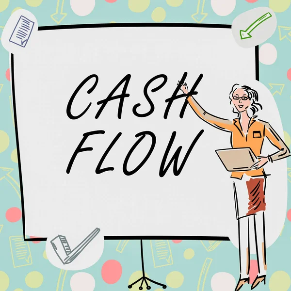 Writing displaying text Cash Flow, Business approach Movement of the money in and out affecting the liquidity Businesswoman Casual Standing Presenting Charts And New Wonderful Ideas.