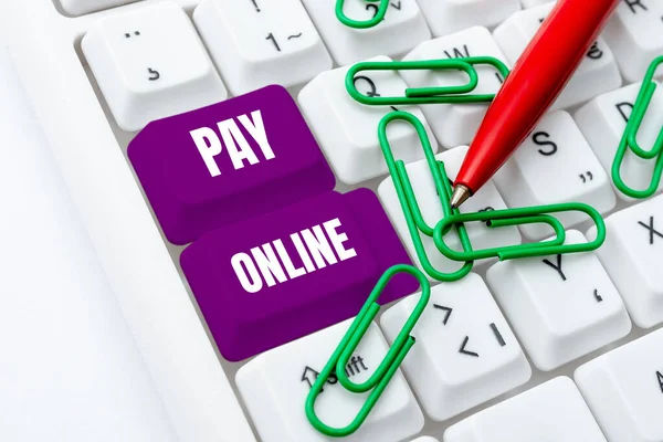 Tekst Bijschrift Presenteren Pay Online Business Idee Kopen Producten Service — Stockfoto