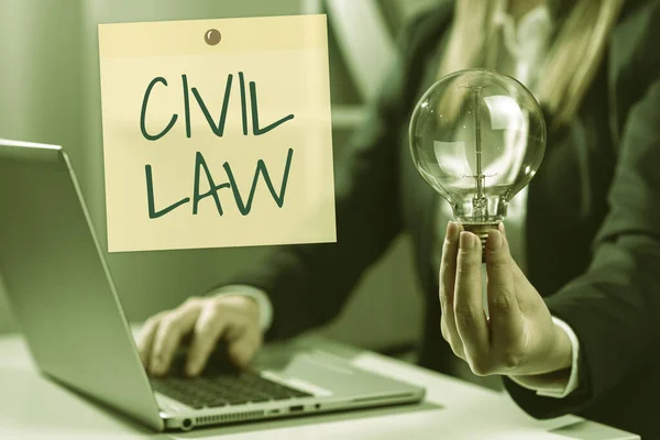 Hand writing sign Civil Law, Internet Concept Law concerned with private relations between members of community -47215