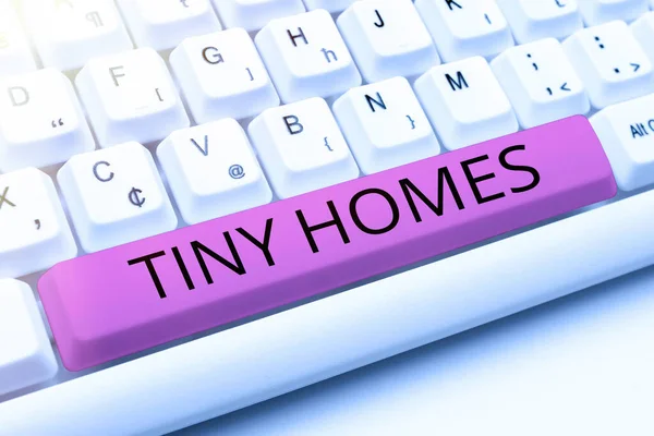 Hand writing sign Tiny Homes, Word Written on houses contain one room only or two and small entrance Cheap Lady in suit holding pen symbolizing successful teamwork accomplishments.