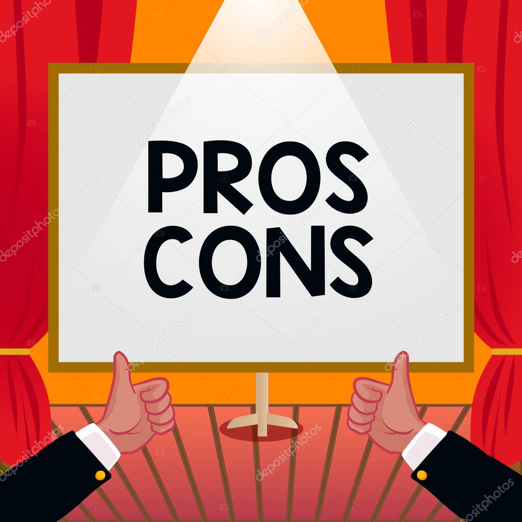 Writing displaying text Pros Cons, Concept meaning The favorable and unfavorable factors or reasons of person Hands Thumbs Up Showing New Ideas. Palms Carrying Note Presenting Plans