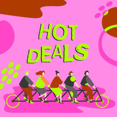 Writing displaying text Hot Deals, Conceptual photo An agreement through which one of the paties is offered and accept Colleagues Riding Bicycle Representing Teamwork Successful Problem Solving. clipart