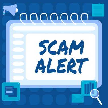 Metin dolandırıcılığı uyarısı, internet konsepti, düzenbazlık ya da dolandırıcılık hakkında uyaran bir yazı yazılıyor Hesaplayıcı ve Masada Kalem Olan sıra dışı Boş Spiral Not Defteri.
