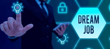 Metin yazma Dream Job, İş Konsepti Maaşla ödenen ve takım elbiseli mutlu iş adamına başarılı takım çalışmasını sembolize eden açık avuçlu iş adamı.