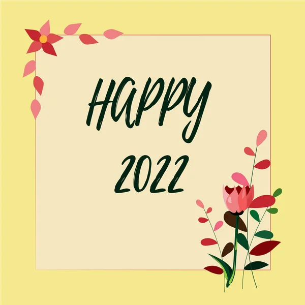 コンセプトキャプションハッピー2022 今から新しい年が始まるビジネスアイデアの時間や日カラフルな花や葉で飾られたフレーム調和のとれた配置 — ストック写真