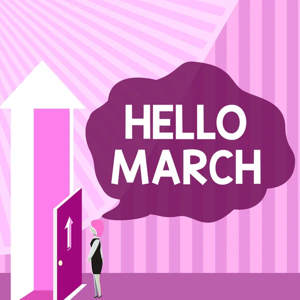 Inspiration showing sign Hello March, Business showcase musical composition usually in duple or quadruple with beat Lady Standing Front Of Door Opening New Opportunities For Success.
