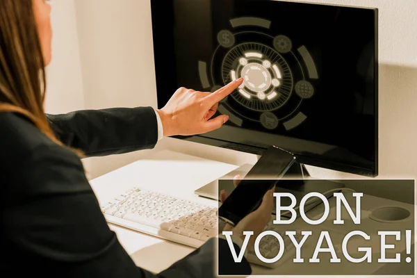 Text caption presenting Bon Voyage, Internet Concept used express good wishes to someone about set off on journey -47396