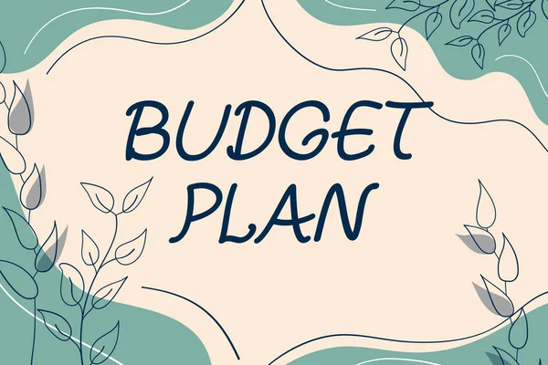 概念キャプション予算計画 インターネット概念財務スケジュール通常1年の期間概要で飾られた空白のフレーム近代化されたフォーム花や葉 — ストック写真