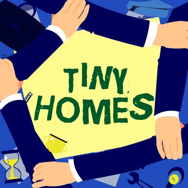 Text caption presenting Tiny Homes, Business overview houses contain one room only or two and small entrance Cheap Four Hands Drawing Holding Arm Together Showing Connection Symbol.