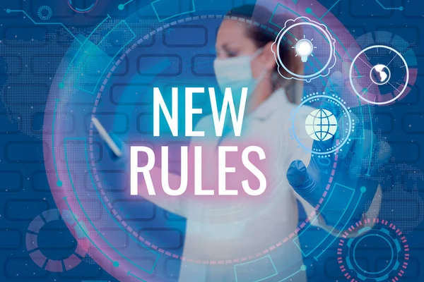 Inspiration showing sign New Rules, Business showcase A state of changing an iplemented policy for better upgrade Nurse in uniform pointing upwards represents global innovative thinking.