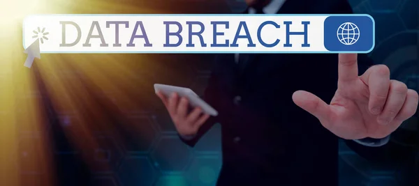 Inspiration showing sign Data Breach, Business concept security incident where sensitive protected information copied Businessman in suit holding notepad symbolizing successful teamwork.