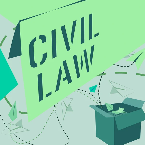 Conceptual caption Civil Law, Word Written on Law concerned with private relations between members of community Open Box With Flying Paper Planes Presenting New Free Ideas