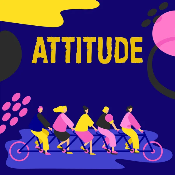 Text showing inspiration Attitude, Business approach settled way of thinking or feeling about something Personality Colleagues Riding Bicycle Representing Teamwork Successful Problem Solving.