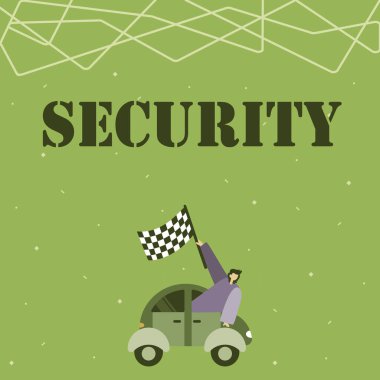 Metin işareti, güvenlik, iş yaklaşımını gösteriyor. Güvenli ve tehlikesiz hissetme durumu. İş adamı, Geleceğe Gidiş Yolundaki Yarış Sancağını Sallıyor..