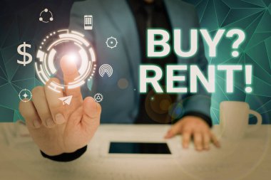 Konsept manşet Buy Question Rent, iş dünyası gösteri grubu takım elbiseli bir iş adamı elinde not defteri tutarak başarılı takım çalışmasını sembolize ediyor.