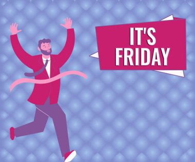 IT S Friday, İnternet Konsepti Cumartesi ya da Hafta sonlarından Önceki Çalışma Haftasının Son Günü Yazıyor Bitiş çizgisine doğru koşan Takım Elbiseli Centilmen Başarı Kutlaması