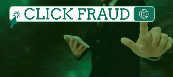 Tekst Weergeven Click Fraud Business Showcase Praktijk Van Herhaaldelijk Klikken — Stockfoto