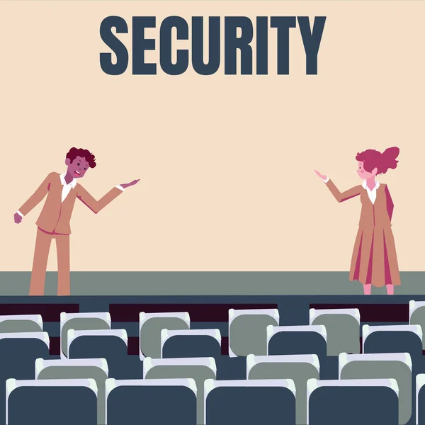 概念展示安全 商业概述感到安全 没有恐惧或危险的状态男同事和女同事用手势在舞台上做演示 — 图库照片