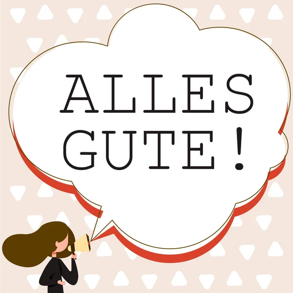 手写文本Alles Gute 互联网概念德语翻译生日或任何场合下女人通过扩音器说话都是最好的 — 图库照片