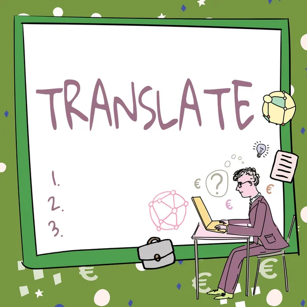 テキストを表示する書き込み翻訳 Wordは ターゲット言語と同じ意味で別の言葉で書かれています成功したビジネス戦略の作成を表すコンピュータに取り組んでいる男 — ストック写真