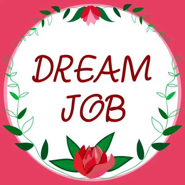 Conceptual display Dream Job, Business concept An act that is paid of by salary and giving you hapiness Frame Decorated With Colorful Flowers And Foliage Arranged Harmoniously.