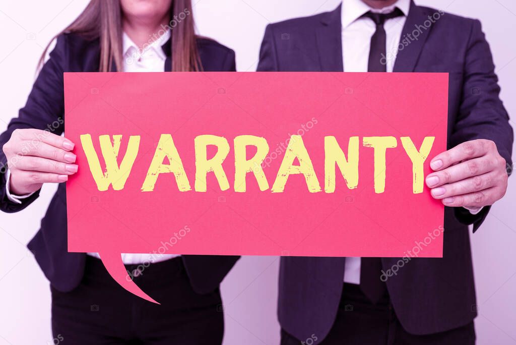 Text sign showing Warranty, Concept meaning Free service of repair and maintenance of the product sold -48191