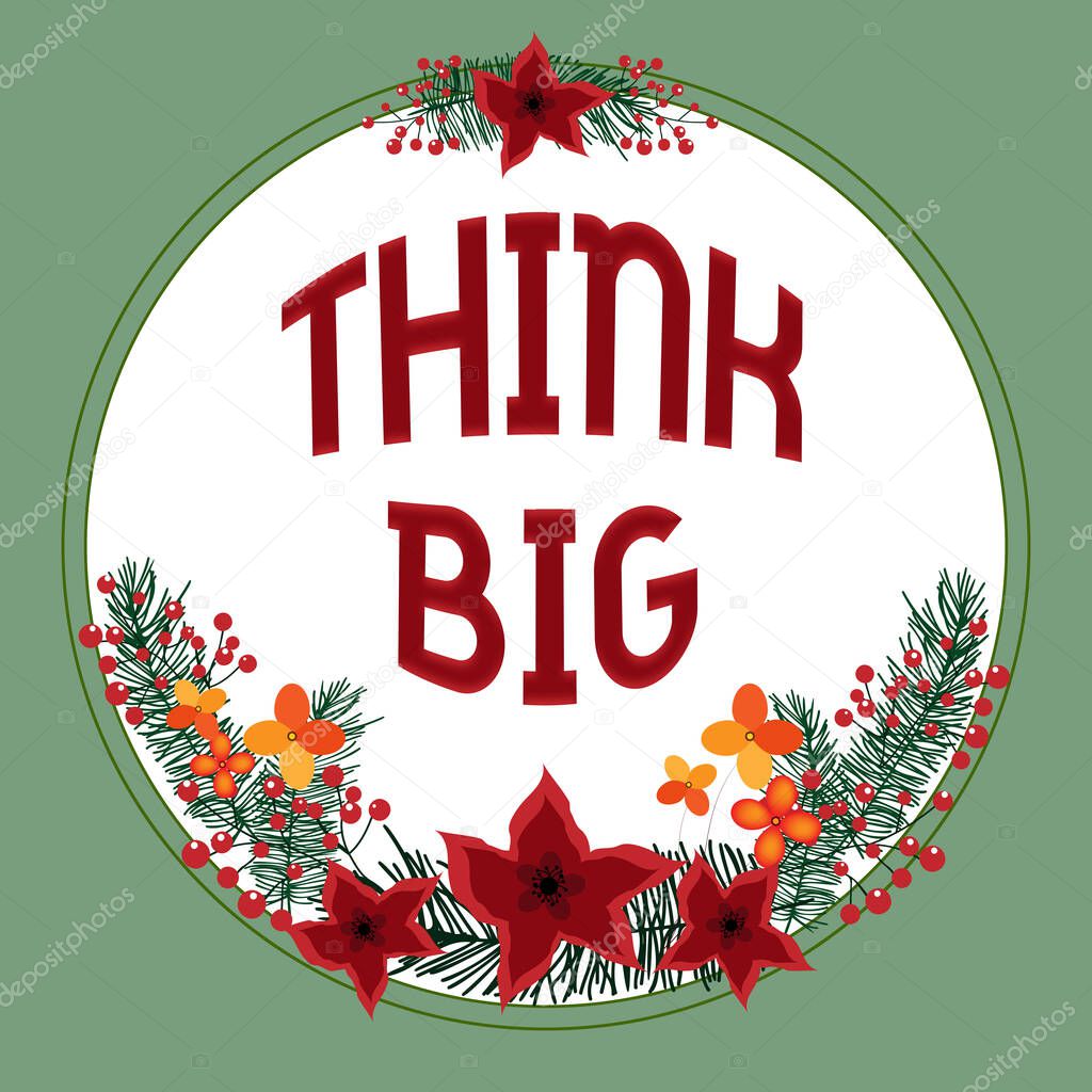 Text caption presenting Think Big, Business overview To plan for something high value for ones self or for preparation Blank Frame Decorated With Abstract Modernized Forms Flowers And Foliage.