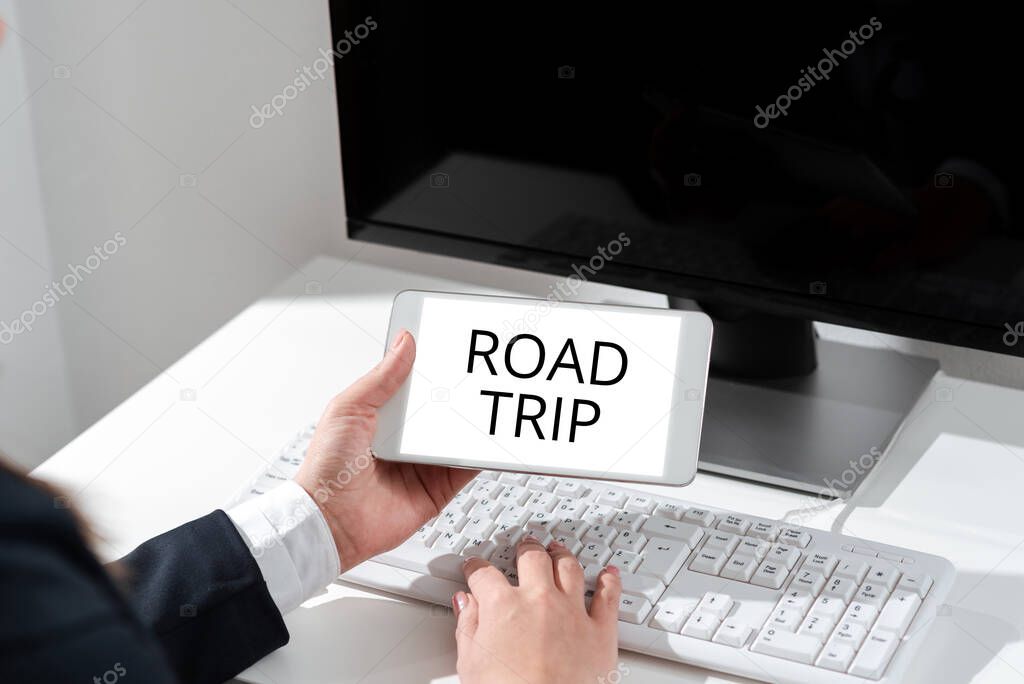 Text caption presenting Road Trip, Word for Roaming around places with no definite or exact target location -47405