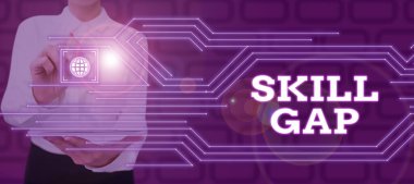 Skill Gap 'i gösteren tabela, iş vitrininde kişinin zayıflığı ya da takım elbiseli tanınmış iş adamının başarıyı simgeleyen not defteri taşımasının sınırlandırılması anlamına gelir..