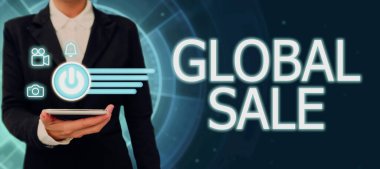 El yazısı metni Global Sale, İş Konsept Yöneticileri şirketler için uluslararası çapta iş yapan takım elbiseli bayan başarılı takım çalışmalarını simgeleyen kalem tutuyorlar..